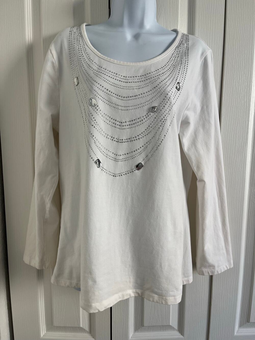 White Rhinestone Embellished Long Sleeve Top — Women's XL